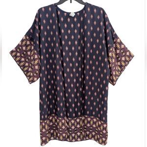 I Joah Navy Blue multi southwestern diamond sheer open front kimono womens M